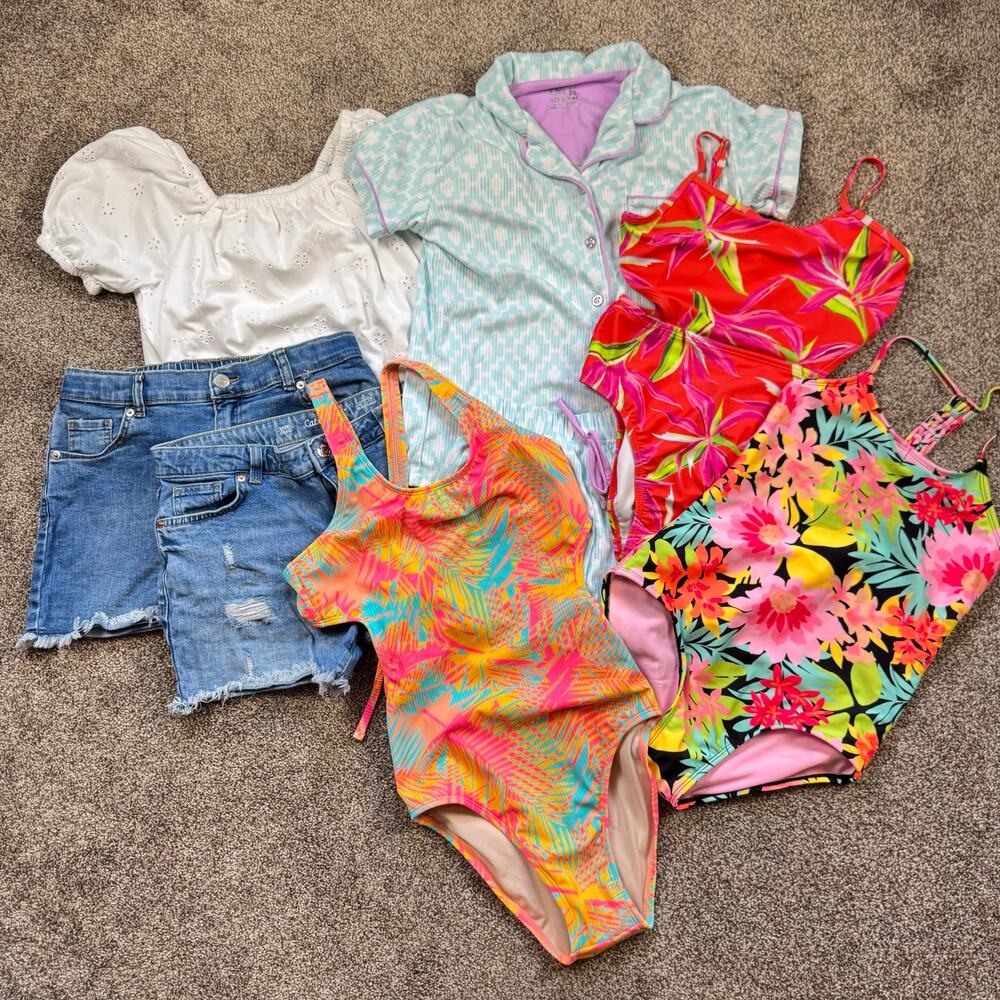 Girls XL 14/16 Lot Three Swimsuits, Two Shorts, One Shirt, One Pajama Set EUC